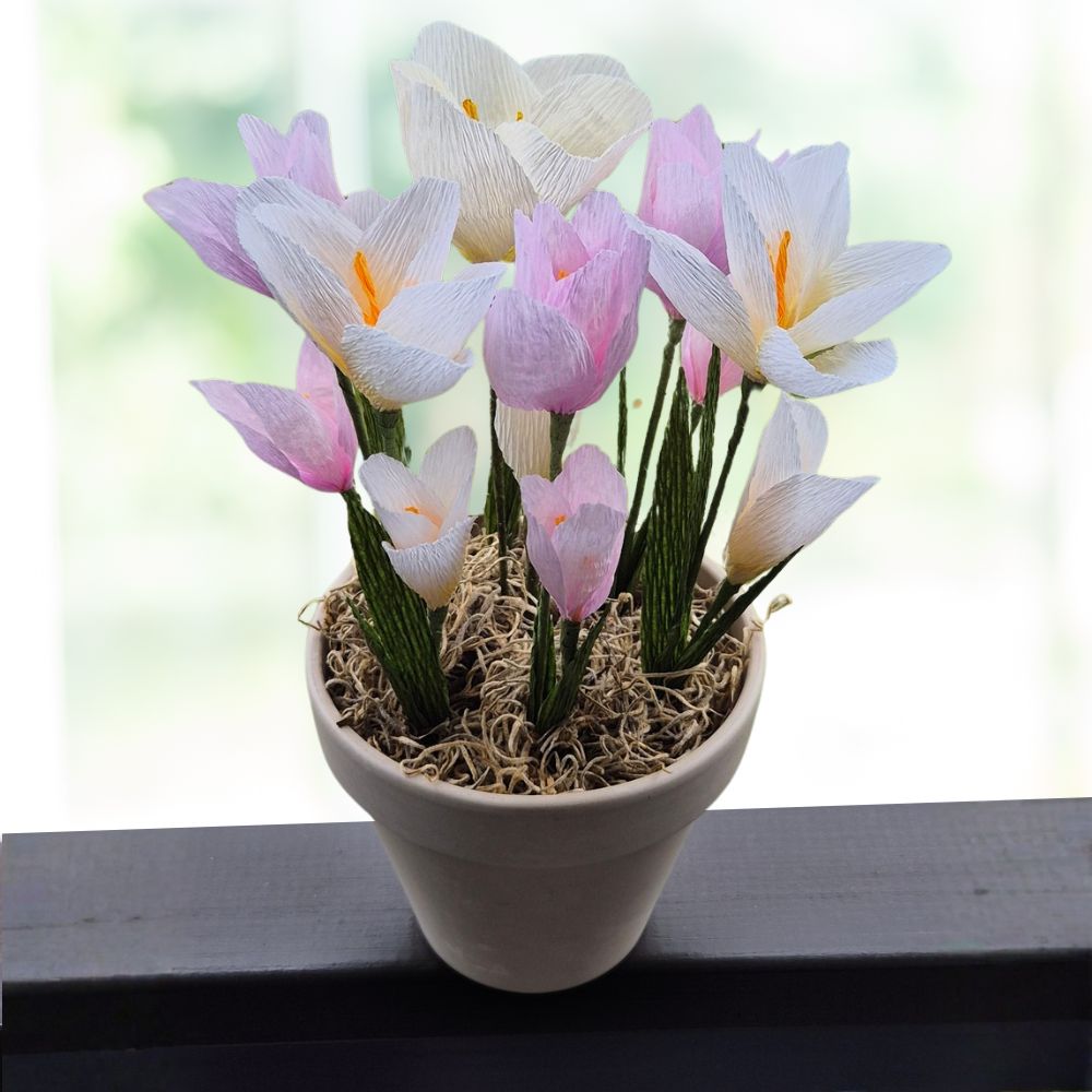 Kevadised krepp-paberist krookused lillepotis